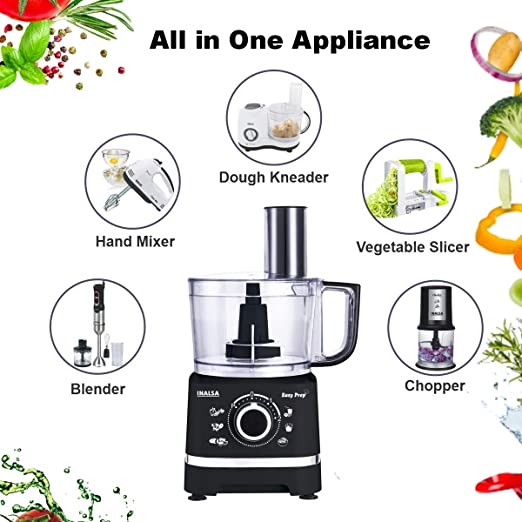 INALSA Food Processor/ Atta Kneader/ Chopper Easy Prep- 800 Watts| 1.4 L Main Bowl Capacity | 2 Speed Setting with Pulse Function|7 Accessories(Black) INALSA Food Processor/ Atta Kneader/ Chopper Easy Prep- 800 Watts| 1.4 L Main Bowl Capacity | 2 Speed Setting with Pulse Function|7 Accessories(Black)